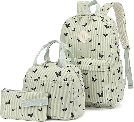 Corduroy Girls Backpack Set, 3PCS School Backpacks for Kids Elementary Middle School Bags with Lunch Box Pencil Case (Green Corduroy Butterfly)