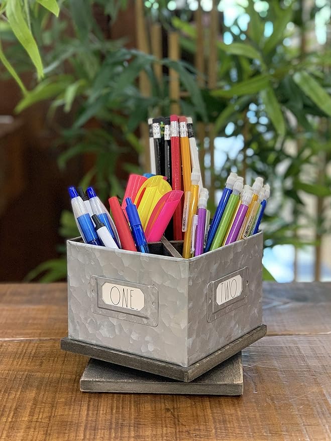 Rae Dunn Rotating Decorative Pencil Cup – Galvanized Steel Desktop Stationary Spinner Holder - 4 Compartment Table Top Organizer for Pens, Office, Home and Art Supplies by Designstyles