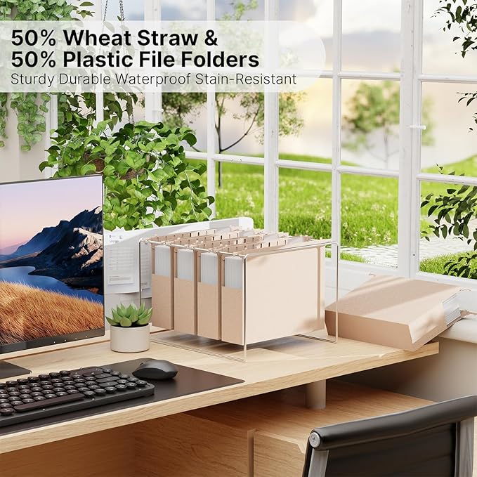 XINGIA Wheat Straw Plastic Hanging File Folders Letter Size, 12 Pack Extra Capacity Filing Cabinet Folders for Bulk Files/Medical Charts, Heavy Duty 2 Inch Expansion File Organizer(Morandi Pink)
