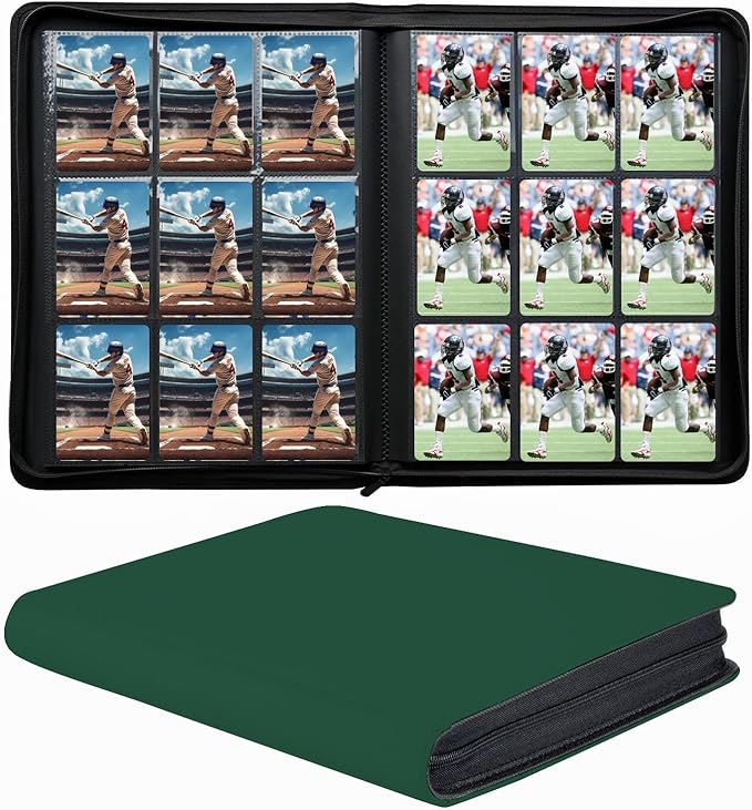 9-Pocket Zippered Trading Card Binder, 864 Pockets Double-Sided Side-Loading Card Organizer Album, PU Leather Card Holder Protector for MTG, TCG, Sports Cards (Green)