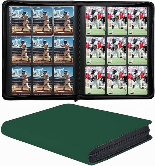 9-Pocket Zippered Trading Card Binder, 864 Pockets Double-Sided Side-Loading Card Organizer Album, PU Leather Card Holder Protector for MTG, TCG, Sports Cards (Green)