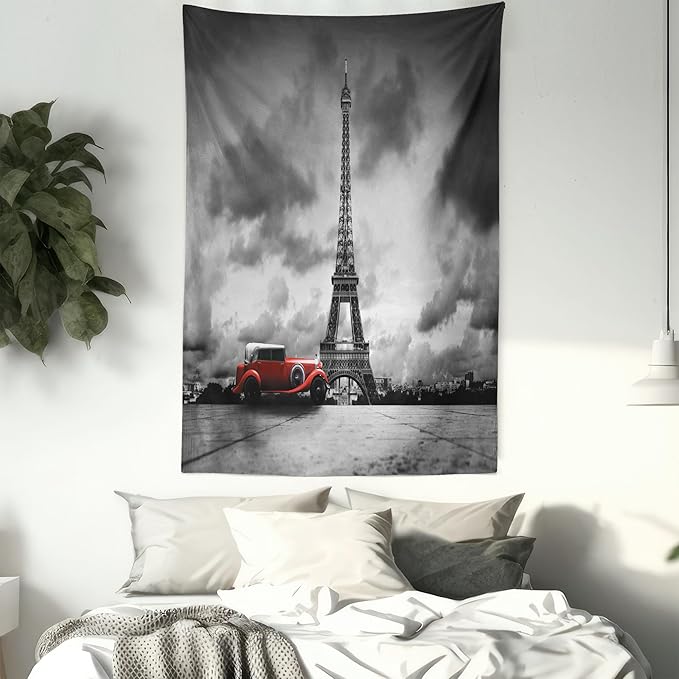 Ambesonne Eiffel Tower Tapestry, Image of Eiffel Tower Paris France Vintage Car Street Dark Clouds, Fabric Wall Hanging Decor for Bedroom Living Room Dorm, 30" X 45", Black Red