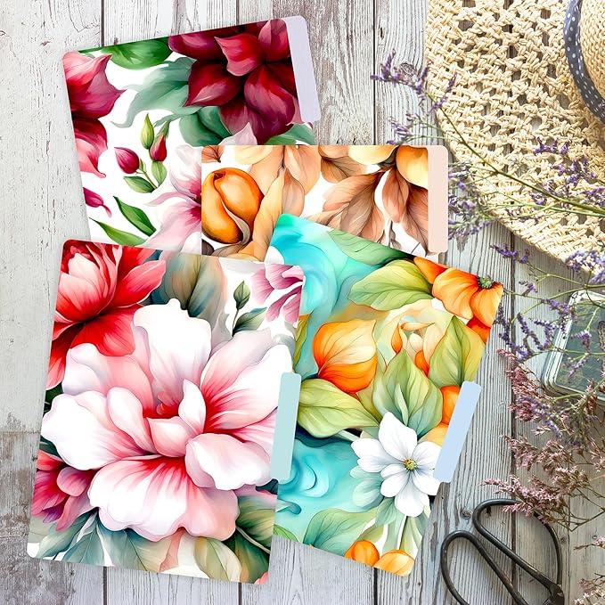 PARTH IMPEX 12 Pack Decorative Floral File Folders, 1/3 Cut Tab with Assorted Positions, Letter Size Paper Holders (9.75” x 11.75”) Matte Finish Laminated, Cute Fancy Folder for Office School Work