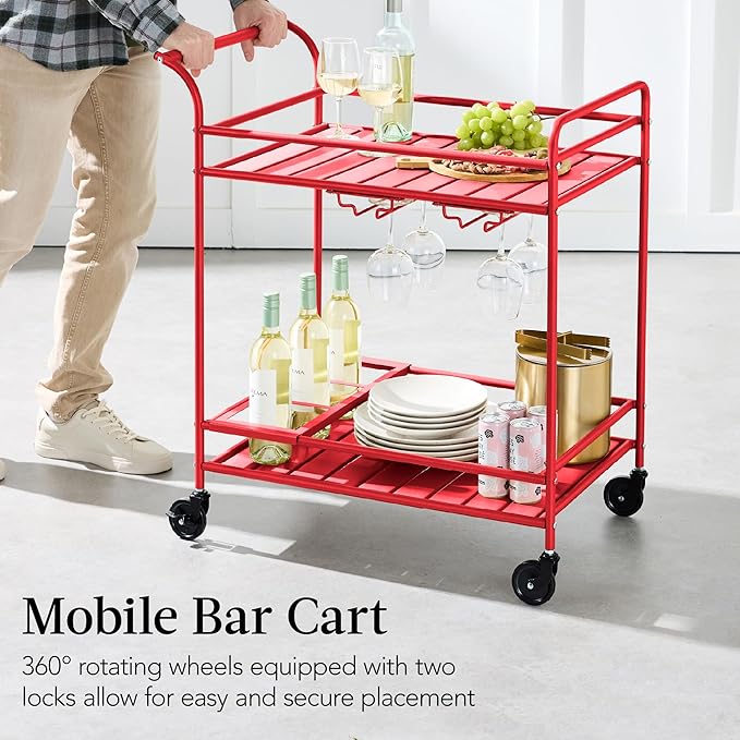 Best Choice Products Rolling Bar Cart, Mobile Home Bar Serving Cart, Serving Station w/ 2 Tier Shelves, Wine Rack, Lockable Wheels - Red