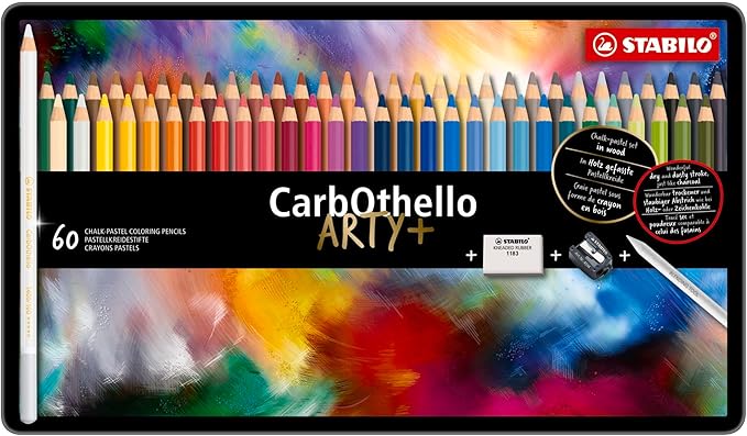STABILO Chalk-Pastel Artist Colored Pencil CarbOthello ARTY Tin Set of 60, Eraser, Sharpener, Blender - Watercolor Effects