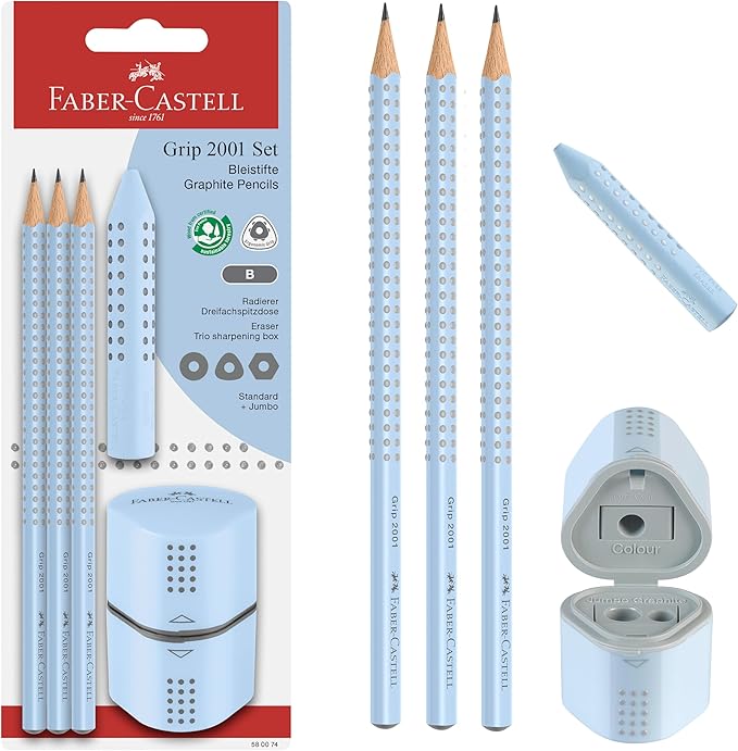 Faber-Castell Grip Graphite Pencils & Accessories Set, Sky Blue – 3 Drawing Pencils (B), Pencil Set for Sketching and Drawing, Art Pencils for Kids, Sketching Supplies
