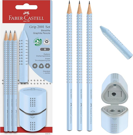 Faber-Castell Grip Graphite Pencils & Accessories Set, Sky Blue – 3 Drawing Pencils (B), Pencil Set for Sketching and Drawing, Art Pencils for Kids, Sketching Supplies