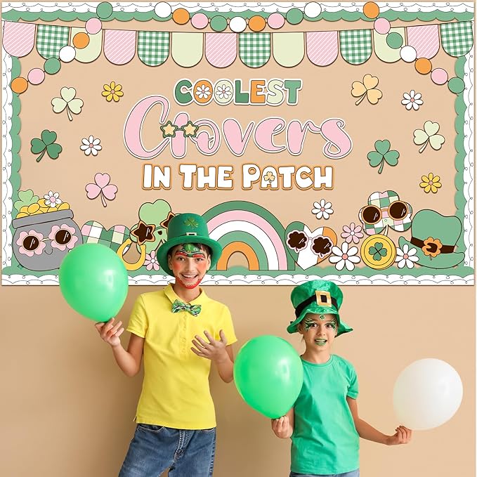 St. Patrick's Day Bulletin Board Decoration Boho Hippie Groovy Classroom Bulletin Board Set Lucky Shamrock Clover Rainbow Daisy Flower Paper Cutouts for Irish Holiday School Chalkboard Wall Door Decor