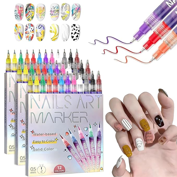 12 Colors Nails Art Pens Set,0.55mm Ultra Fine Tip,Upgraded Gel Nail Markers for 3D Designs,DIY Nail Painting Detail Drawing Tools (C-3 Set)