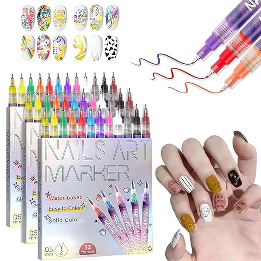 12 Colors Nails Art Pens Set,0.55mm Ultra Fine Tip,Upgraded Gel Nail Markers for 3D Designs,DIY Nail Painting Detail Drawing Tools (C-3 Set)