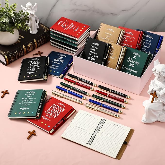 Spakon 30 Set Christian Gifts Bulk Easter Mother's Day Church Sticky Note Spiral Notebook Bible Verse Ballpoint Pen Prayer Journal Religious Scripture Notepad Sunday School Teacher Party Favors