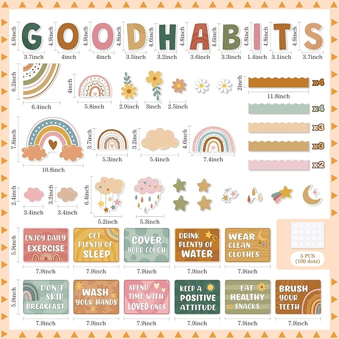 Ctosree 60 Pcs Boho Healthy Bulletin Board Decorations Set Healthy Habits Poster Rainbow Flower Good Habits Cutouts for Teacher Classroom School Office Chalkboard Wall Supply