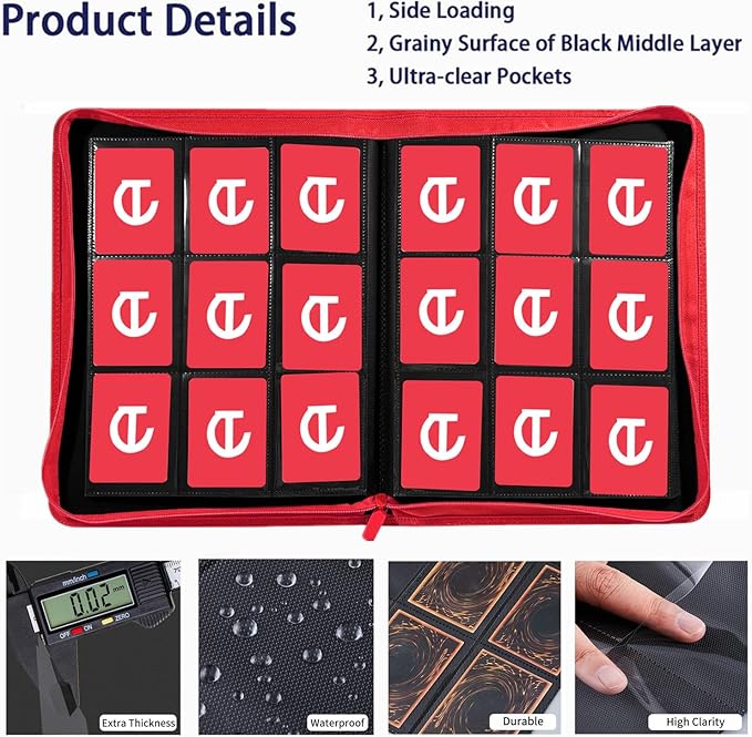360 Card Binder - Premium Zippered 9-Pocket Trading Card Binder Side-Loading Pages for Ultimate Protection | Holds TCG, MTG, Sports Cards (Red)