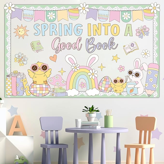 Spring Reading Bulletin Board Decorations Easter Spring into A Good Book Bulletin Board Set Pastel Chick Bunny Rainbow Books Cutouts for School Library Classroom Chalkboard Wall Party Decor Supplies
