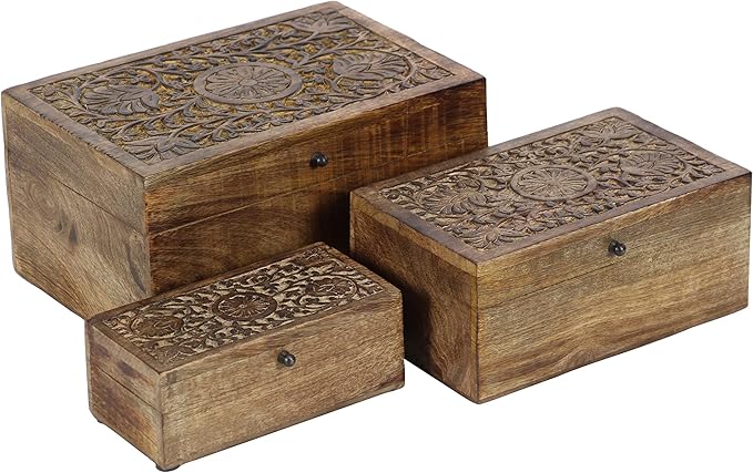 Deco 79 Mango Wood Floral Handmade Decorative Box Decorative Keepsake Boxes with Hinged Lid, Set of 3 Storage Boxes 8", 10", 12"W, Brown