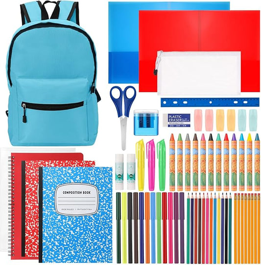 Back to School Supplies with Backpack Kids Kindergarten Preschool Elementary Supply Bundle Kit Middle High School Notebook for K-12 Student Girl Boy Classroom(Light Blue)