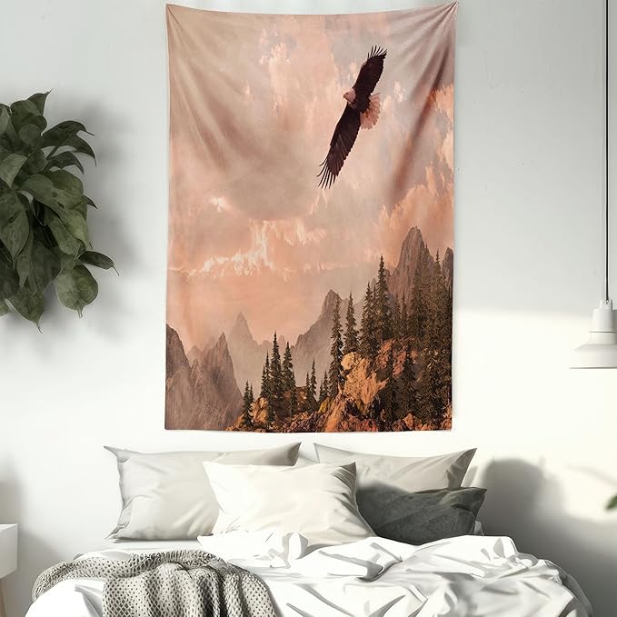 Ambesonne Eagle Tapestry Twin Size, Nature Photography of Rocky Mountains and Forest a Bird Flying over It, Wall Hanging Bedspread Bed Cover Wall Decor, 68" X 88", Rose Green