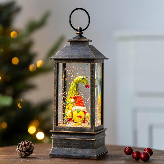 Christmas Snow Globe Lantern Water Glittering Xmas Gnome with Music, USB Lined/Battery Operated Lighted Lantern for Christmas Festival Decoration Gifts