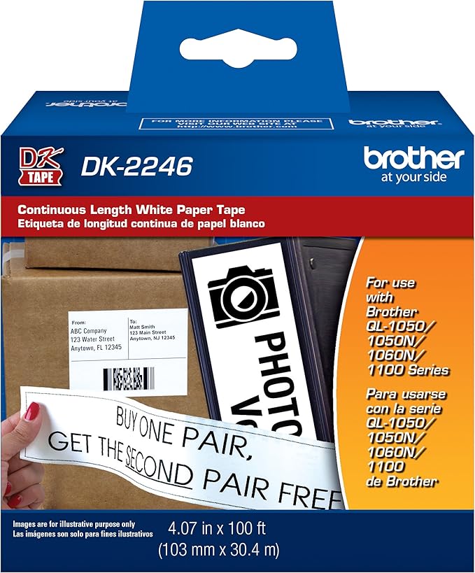 Brother Genuine DK-2246 Label Paper for Brother QL Label Printers - Continuous Length Black on White Paper Labels, 4.07” x 100’ (103mm x 30.4m)