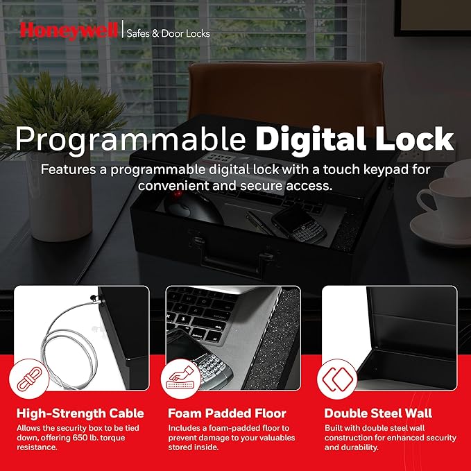 Honeywell Safes & Door Locks - Hideable Money Safe Box with Carry Handle - Fire Resistant Safe Document Box for Home - Metal Box with Digital Lock for Personal Items, Jewelry - 0.48-Cu - Black - 6110
