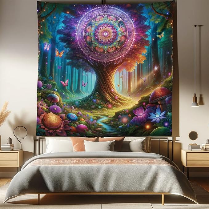 Ambesonne Nature Tapestry Queen Size, Wonderland Forest Tree Trippy Mandala Floral with Butterfly Ensemble Dream, Wall Hanging Bedspread Bed Cover Wall Decor, 88" X 88", Indigo Green Aqua