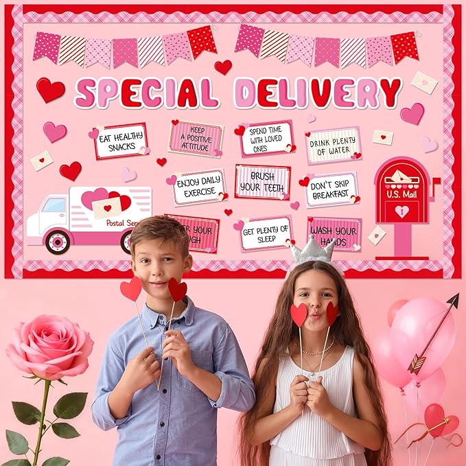 party greeting Valentine's Day Bulletin Board Set Valentines Special Delivery Classroom Decorations Heart Mailbox Paper Cutouts Bulletin Board for School Home Nursery Chalkboard Wall Door Supplies