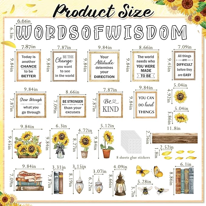 Qilery Sunflower Bulletin Board Decorations Set - Rustic Farmhouse Classroom Decor with Inspirational Quotes Cutouts, Motivational Wall Art for Teachers, Preschool, Library & Spring School Supplies