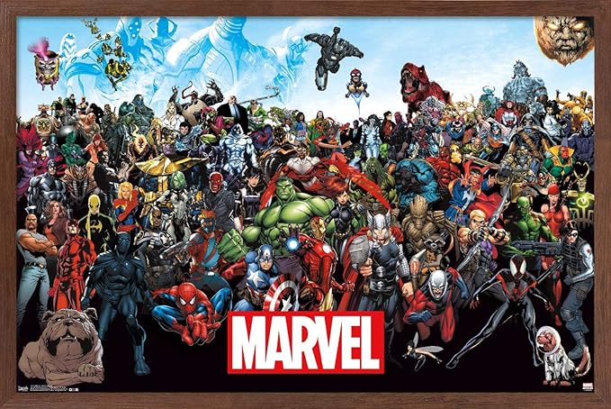Marvel Comics The Marvel Lineup Wall Poster, 22.4L" x 14.7W", Mahogany Framed Version