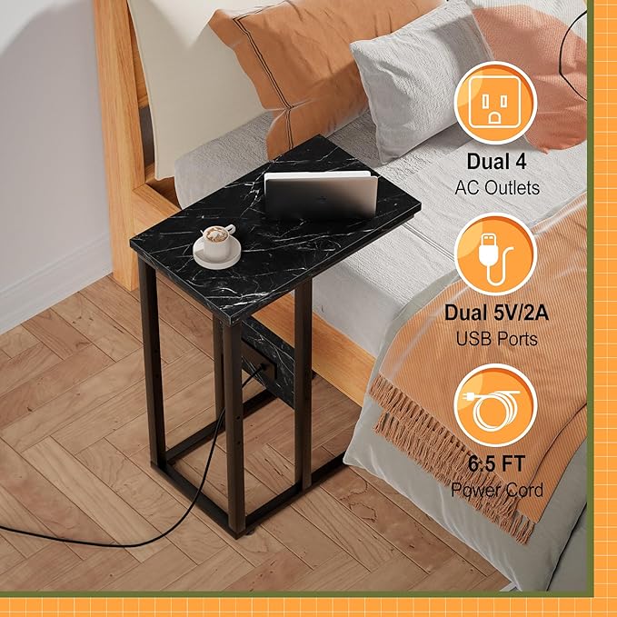 VECELO C Shaped End Table with Charging Station & Power Outlets, Quick Access Side Table for Sofa, C Bedside for Living Room Bedroom 2 Set,Black Marble