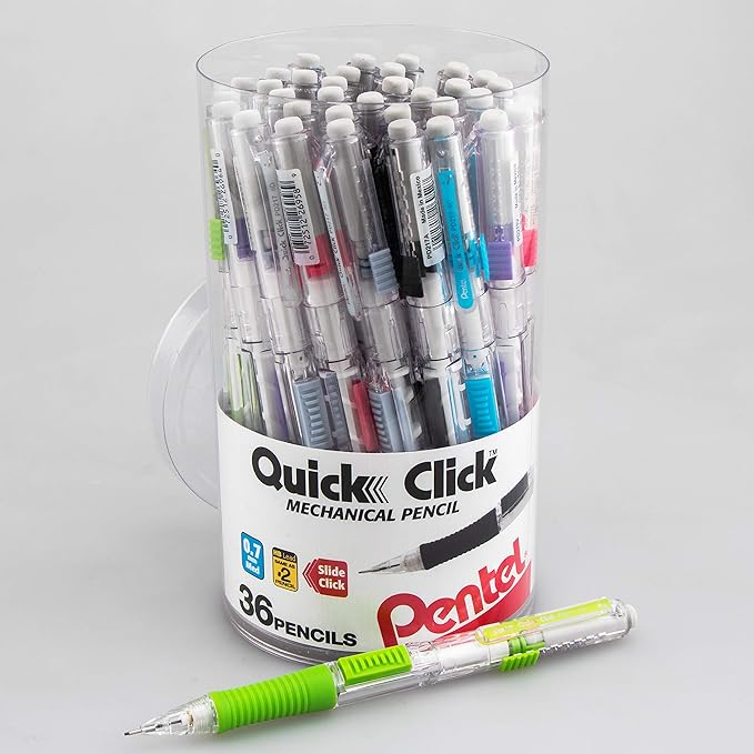 Pentel Quick Click Mechanical Pencil, (0.7mm) Med Line, Canister, Assorted Colors (A/D/N/P/S/V), 36-PK (PD217PC36M)