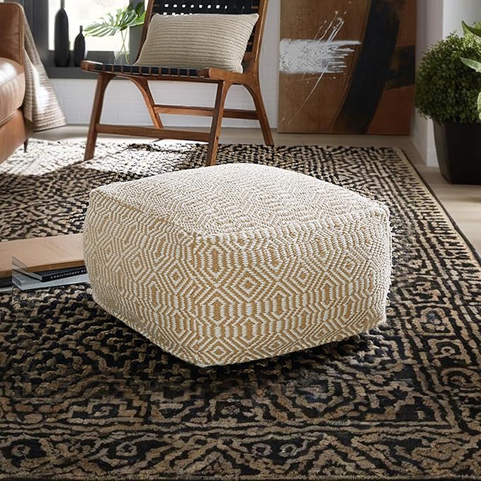 Signature Design by Ashley Adamont Casual Handwoven Geometric Pouf, Beige & White