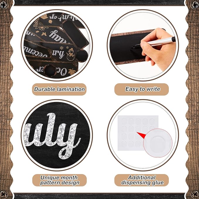 Gueevin 60 Pcs Industrial Chic Months of The Year Bulletin Board Set Holiday Monthly Headliners Employee of The Month Sign 12 Seasonal Monthly Headers for School Classroom Teacher Chalkboard Calendar