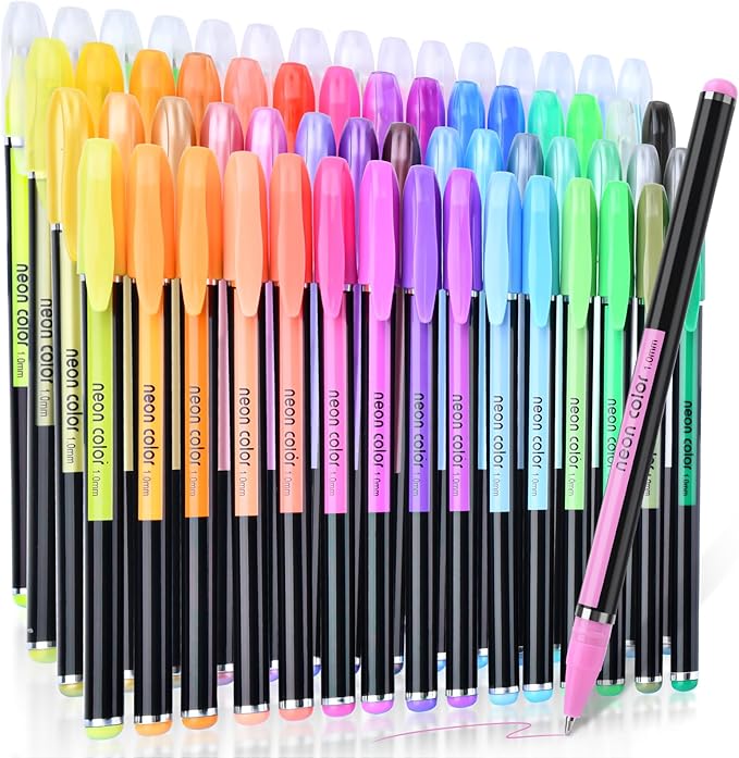 60 Colors Gel Pens Gel Pen Set for Adult Coloring, Metallic Glitter Pens & Gel Ink Pens for Journaling, Drawing, Cute Journal Pens Colored Gel Pens for Black Paper Writing