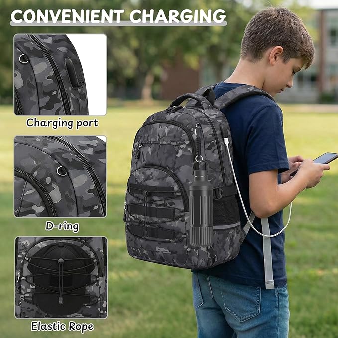 Kids Backpack for Boys - Camo Boys Backpacks for Kids Teens Elementary Middle School, 18″ Camouflag Students Bookbag with Usb Charging Port & Key-chain, Perfect for Travel and School