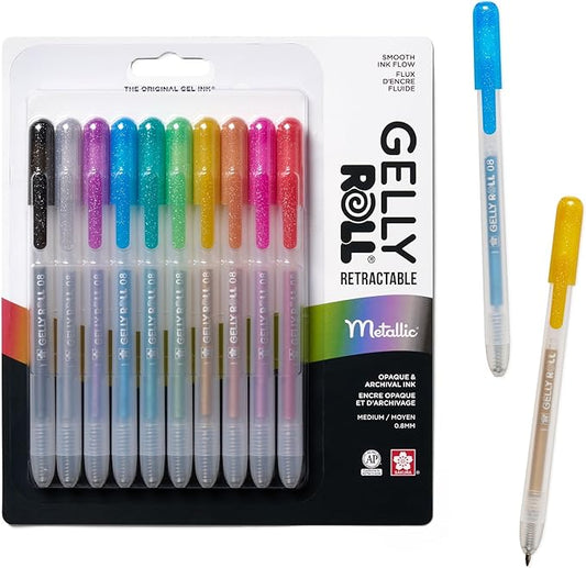 SAKURA Gelly Roll Retractable Gel Pens Colored - Metallic Gel & Medium Point - For Journaling, Art, or Drawing - With Assorted Colored Ink - 10 Pens