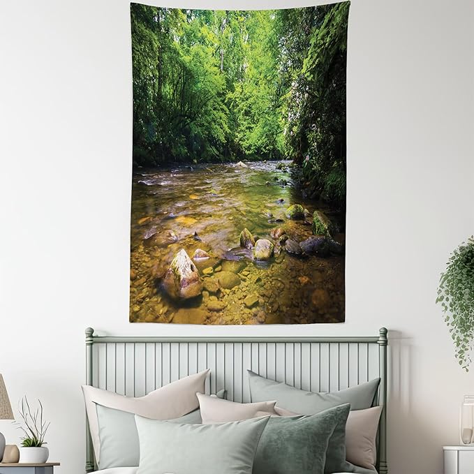 Ambesonne Appalachian Tapestry Queen Size, Oconaluftee River at Smoky Mountains National Park, Wall Hanging Bedspread Bed Cover Wall Decor, Queen Size, Lime Green Charcoal Grey
