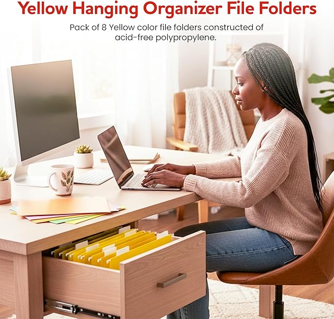 Yellow Hanging File Folders – 8 Pack, Letter Size File Organization Folders for Home, Office, School & Filing Cabinets