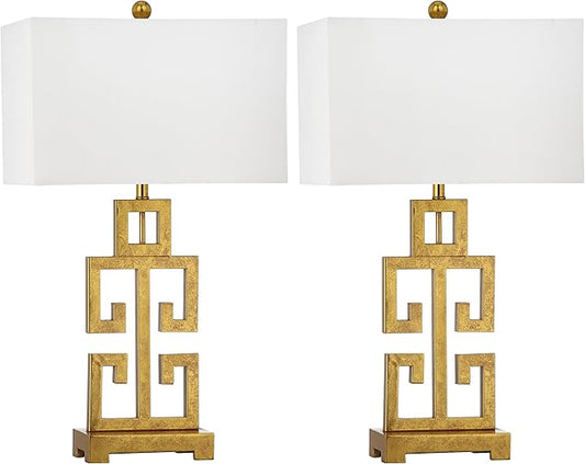 SAFAVIEH Lighting Collection – Greek Key Table Lamp Set of 2 – Antique Gold Metal Base with White Fabric Shade, LED Bulbs Included, 29-Inch Bedroom Living Room Desk Lamps (LIT4305A-SET2)