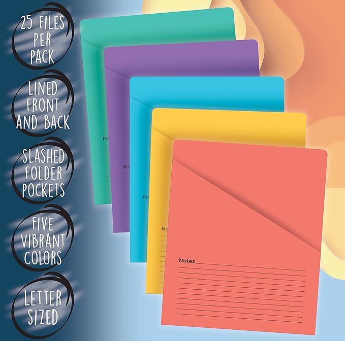 Better Office Products Lined Vertical Slash Pocket File Folders, 25 Pack, 5 Assorted Colors, Letter Size Slash File Jacket with Notes on Front & Back, Half Pocket File Folders