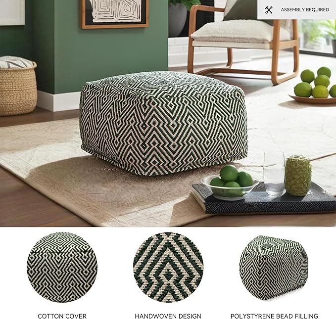 Signature Design by Ashley Abacy Casual Square Handwoven Pouf with Geometric Pattern, Green & Beige