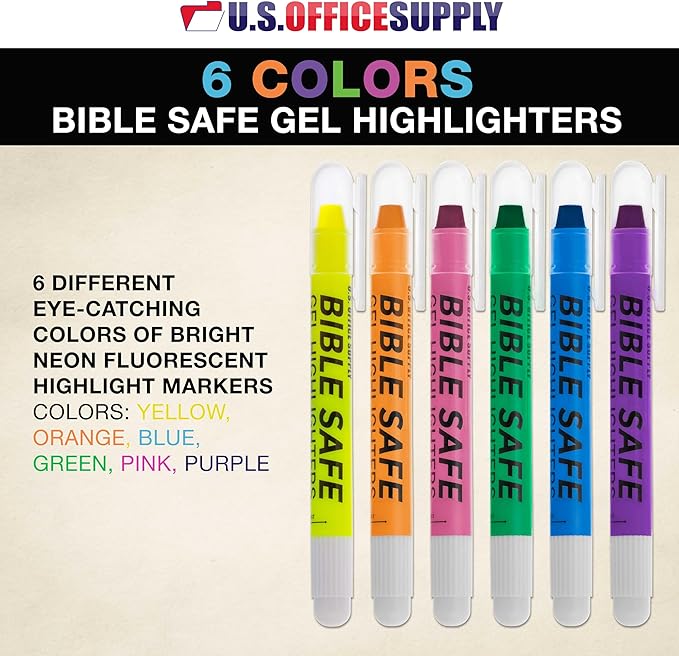 U.S. Office Supply Gel Highlighters, 6 Pack, Neon Fluorescent Colors - Bible Safe, No Bleed, Fade or Smear