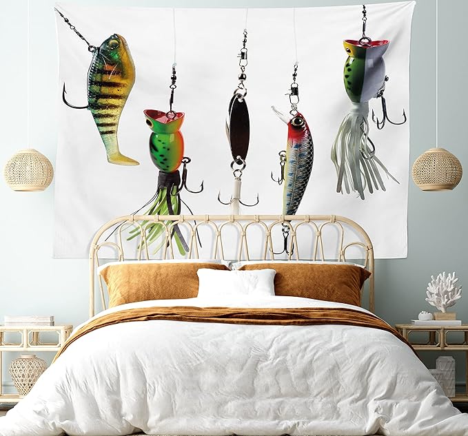 Ambesonne Fishing Tapestry, Various Type of Fishing Baits Hobby Leisure Passtime Sports Hooks Catch Elements, Wide Wall Hanging for Bedroom Living Room Dorm, 80" X 60", White Multicolor