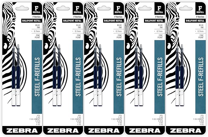 Zebra Pen Steel, F-Refill Ballpoint Ink Refills, 0.7mm Fine Point, Blue Ink, Fits Zebra F-301, F-402, and F-701 Ballpoint Pens, Smooth Writing Performance, 10-Pack (50071)