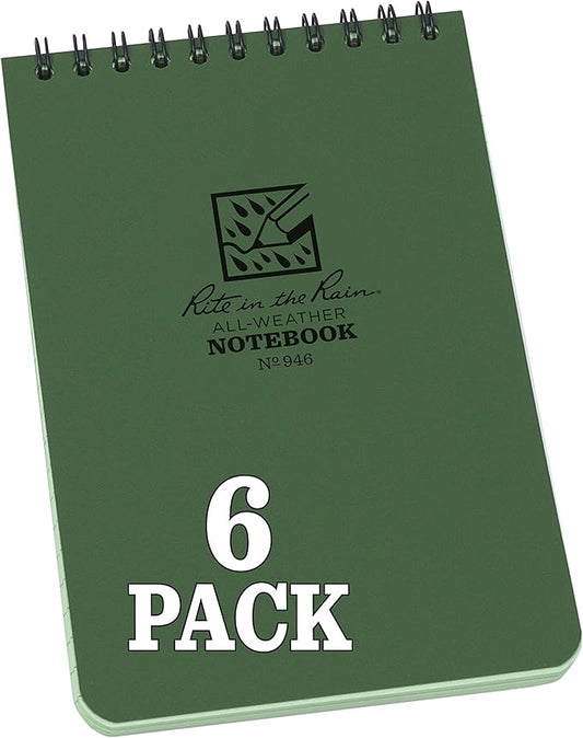 Rite in the Rain Weatherproof Top Spiral Notebook, 4" x 6", Green Cover, Universal Pattern, 6 Pack (No. 946L6)