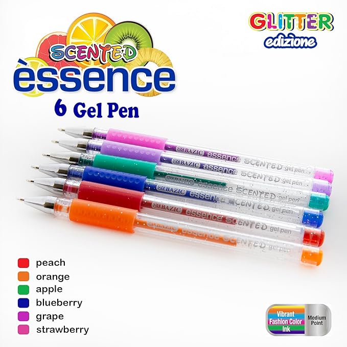 BAZIC Products Essence Scented Glitter Color Gel Pen, Comfort Grip Acid Free Smooth Writing for Drawing Coloring Greeting Card Art Gift (6/Pack), 1-Pack