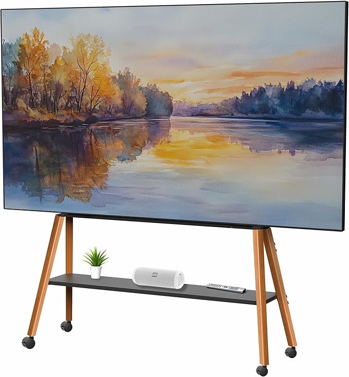 VIVO Rolling Artistic 50 to 90 inch LED LCD Screen Mobile Studio TV Easel Stand, Wood Accessory Shelf, Adjustable TV Mount with 4 Walnut Legs, Black Frame, STAND-TV90R