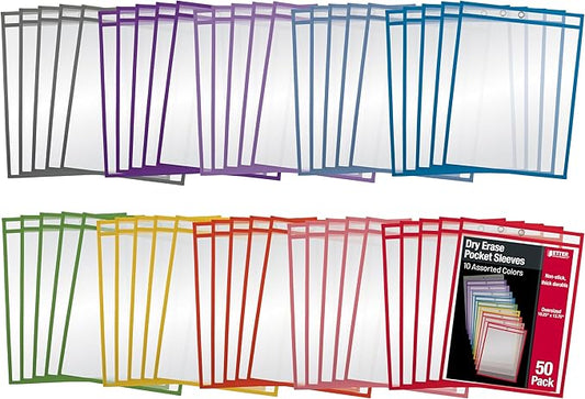 Better Office Products Dry Erase Pocket Sleeves, 50 Count, Crystal Clear, Oversized, 10.25" x 13.75", Heavy Duty Dry Erase Pocket Sheet Protectors, Reusable Pockets with 10 Assorted Colors, 50 Pack