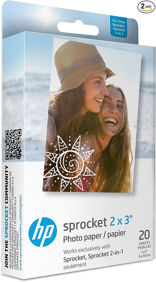 HP Sprocket 2x3" Premium Zink Sticky Back Photo Paper (20 Sheets) Compatible with HP Sprocket Photo Printers.
