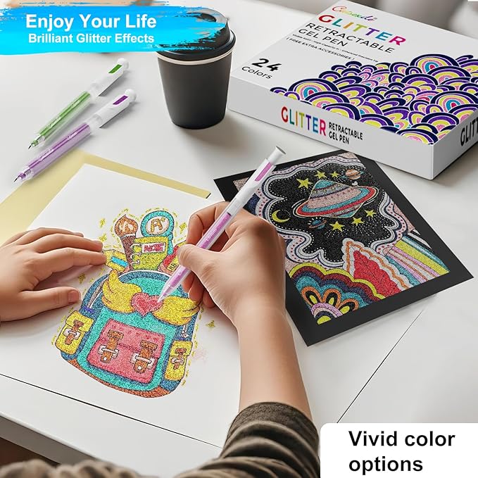 24 Colors Retractable Glitter Gel Pens, Colored Gel Pens, For Artists Coloring Books Drawing Journaling Doodling Writing