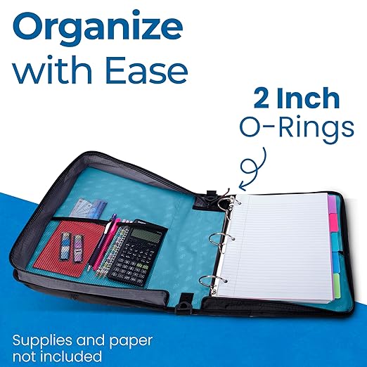 Case-it Universal Zipper Binder | 2-Inch O-Rings, 13-Inch Laptop/Tablet Padded Pocket, 400 Sheet Capacity, Multiple Storage Pockets & Shoulder Strap | School & Office Organizer | LT-007 Teal